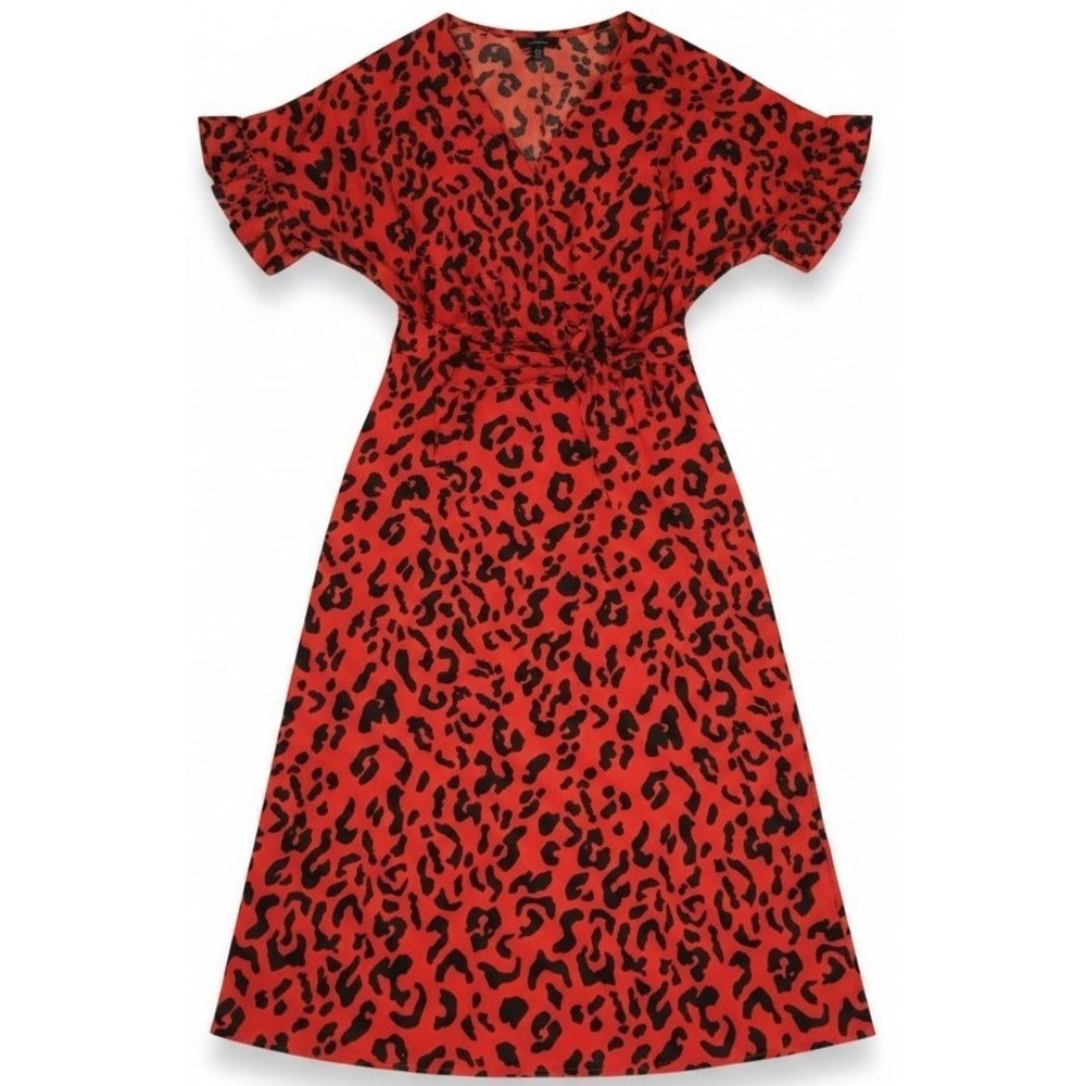 Who What Wear Dress Womens XS Red Black Animal Print Short Sleeve Belted Midi